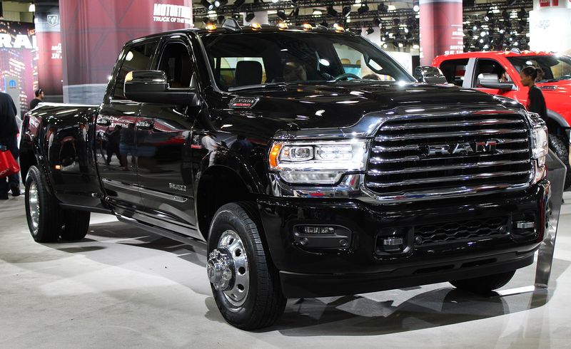 Black 2019 Ram 3500 Heavy Duty dually with the Cummins Turbo Diesel at an auto show
